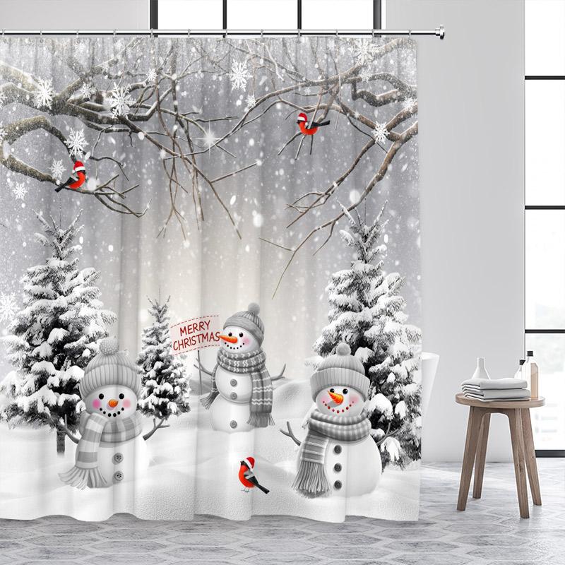 Christmas Shower Curtains Cute Snowman Santa Claus Xmas Tree Winter Town Street Landscape Bath Curtain Home Bathroom Decor Set