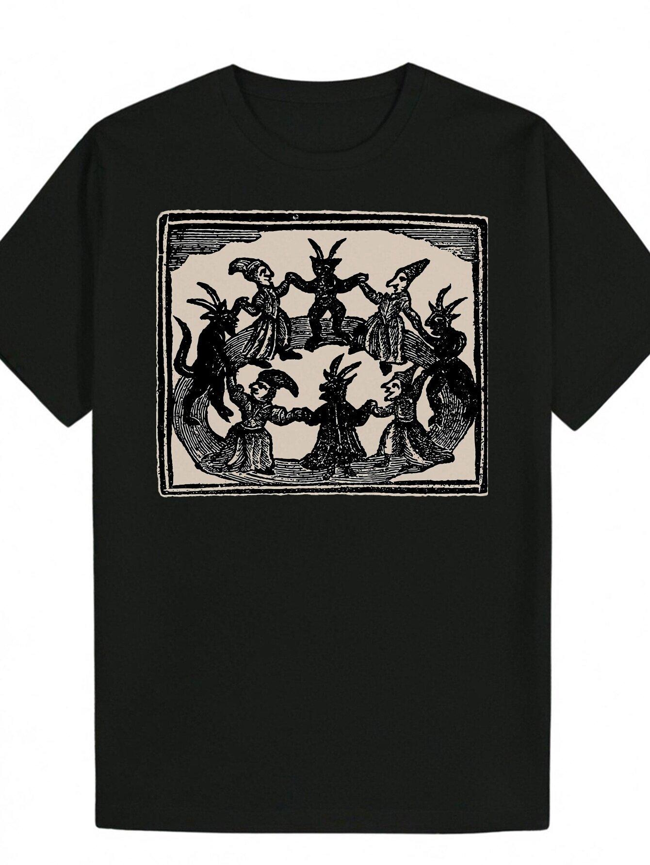 Men S And Women S Vintage Medieval Witchcraft T-Shirt - Featuring a Gothic Mysterious Dance Ritual with Horned Figures And Demon Dancers XL