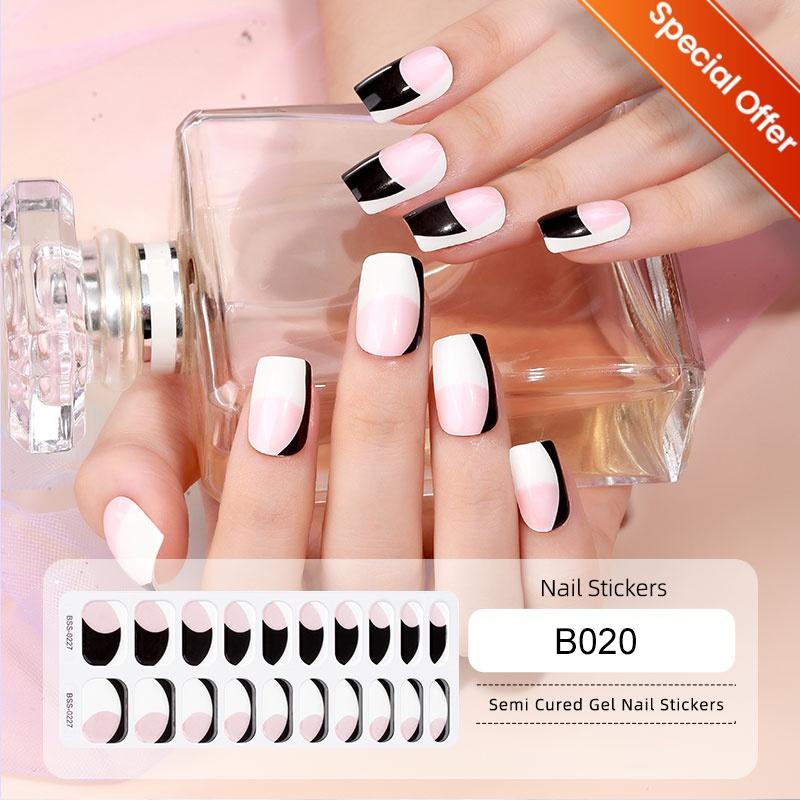 20Tips Gradient French Semi-cured Gel Nail Sticker UV Lamp Needed Full Cover Nail Gel Polish Wraps Manicure Press On Nails Decal