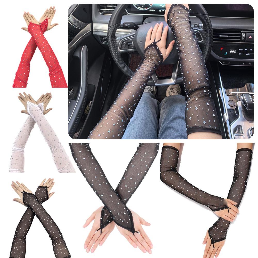 1 Para Rękawiczek Siateczkowych z Haczykiem na Środkowy Palec, z Cyrkoniami, Chroniących Przed Słońcem, Długie Rękawy Bez Palców, Damskie