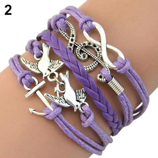 Women Retro  Skull Music Pigeon Faux Leather Charm Bracelet Bangle Cuff