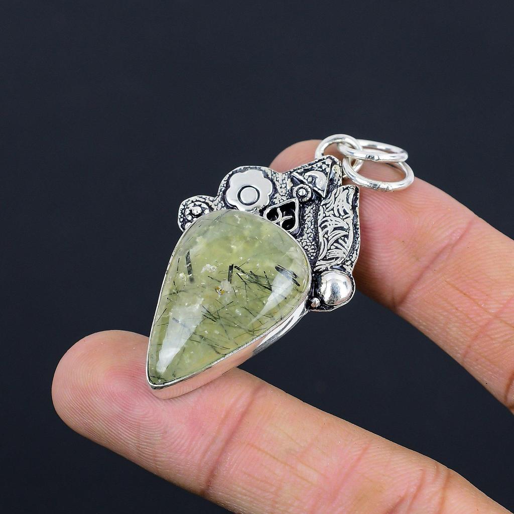 Easter Deal 925 Silver Pear Natural Moss Moss Prehnite Handmade Pendant Jewelry