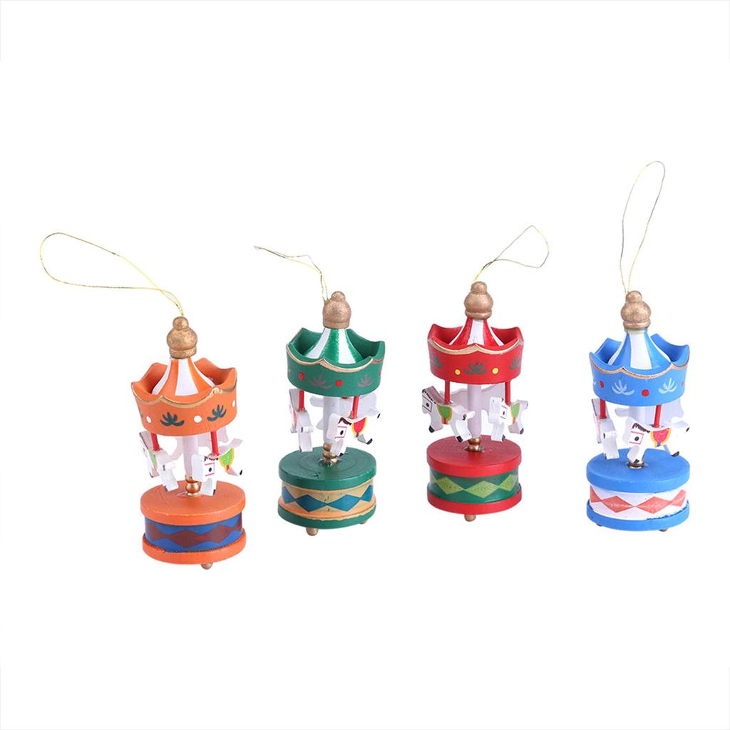 6 Pieces Wooden Carousel Ornament Christmas Tree Ornament Mini Music Box Figurine Carousel Ornament Wooden Material with Hanging Strap Carousel Wooden