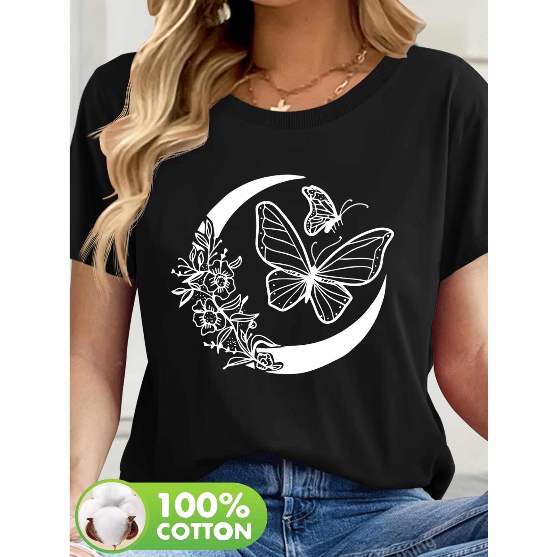 

The Curved Moon and Butterfly Pattern Printed Casual Round Neck Short Sleeve T-shirt Summer New Women s Wear S чёрный
