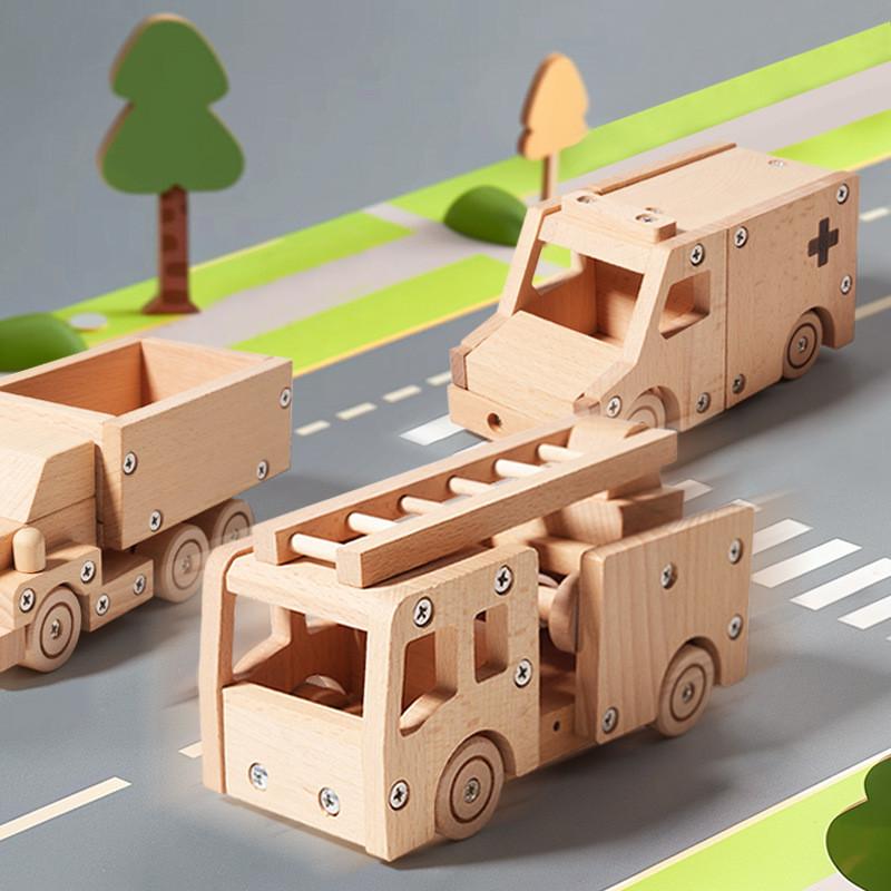 Wooden Car Train Fire Truck Assembly Toy Car Set For Kids Educational Transportation Play
