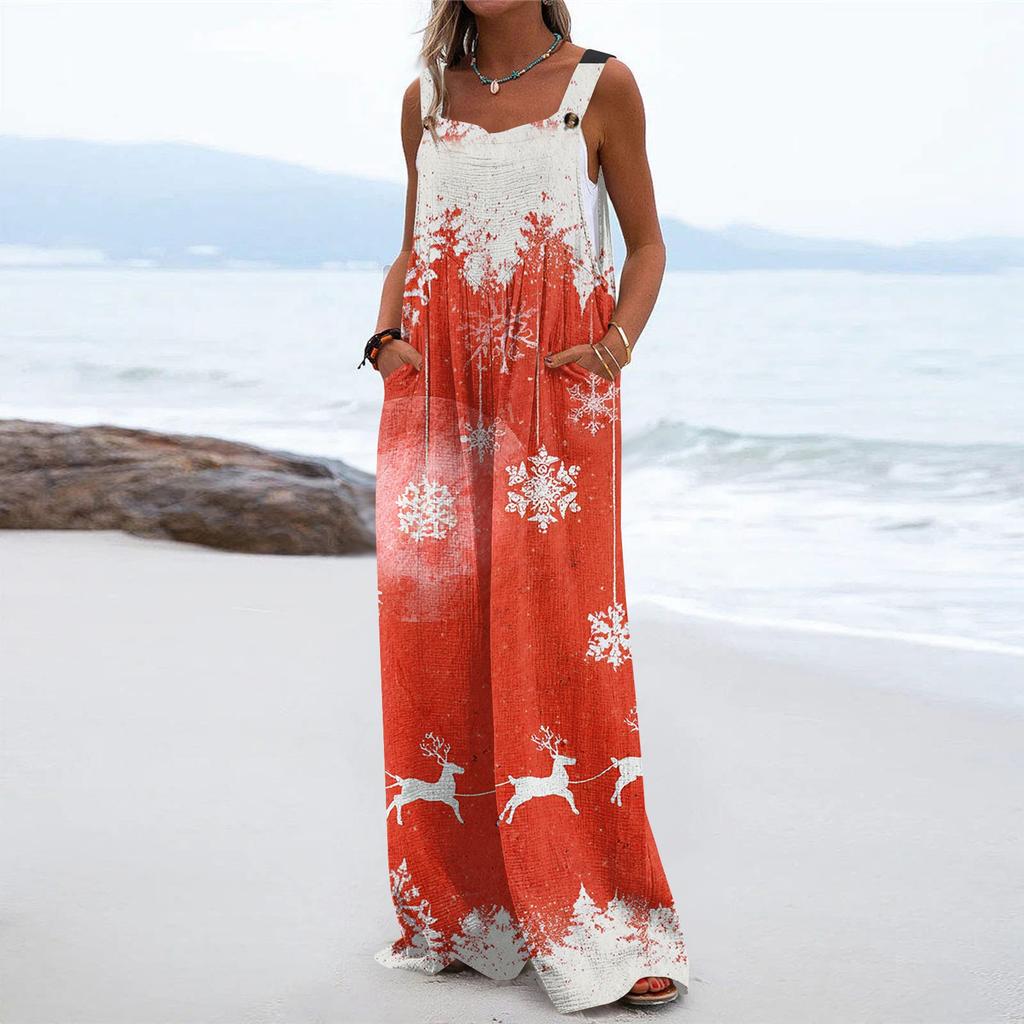 Women's Christmas Print Solid Wide Leg Strapless Tank Pocket Casual Onesie