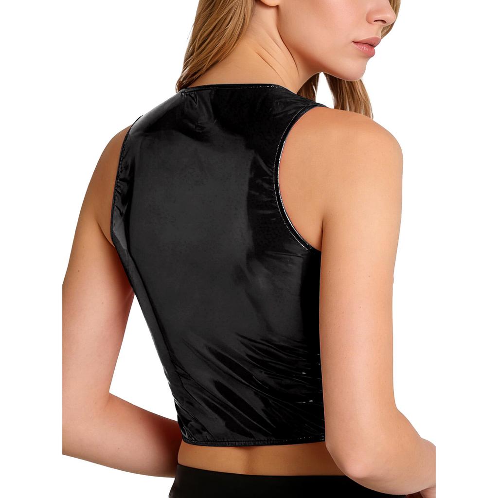 Damen Nasses PU-Leder Crop Top mit Reißverschluss vorne, ärmellos, glänzendes Tanktop, Nachtclub-Kleidung