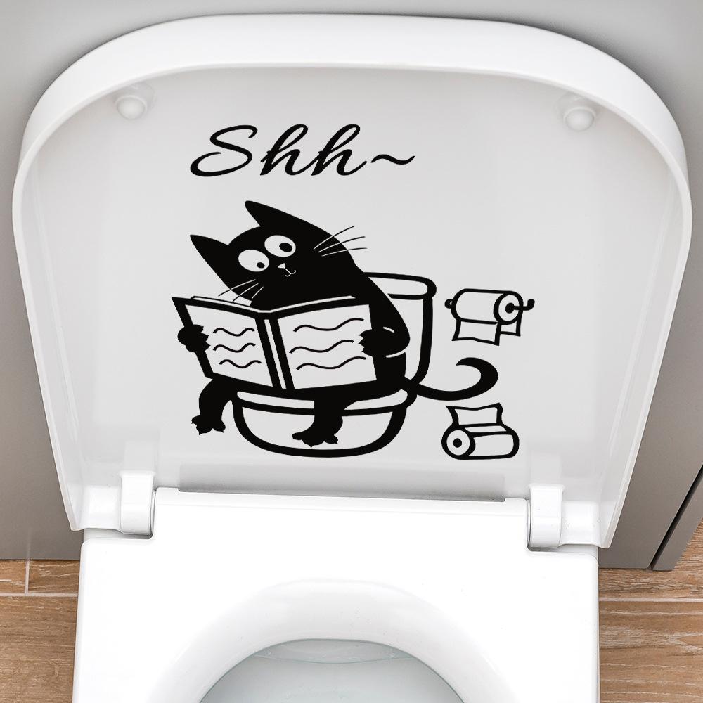 Cartoon Cat Reading Newspaper On Toilet Self Adhesive Bathroom Toilet Sticker Home Decor