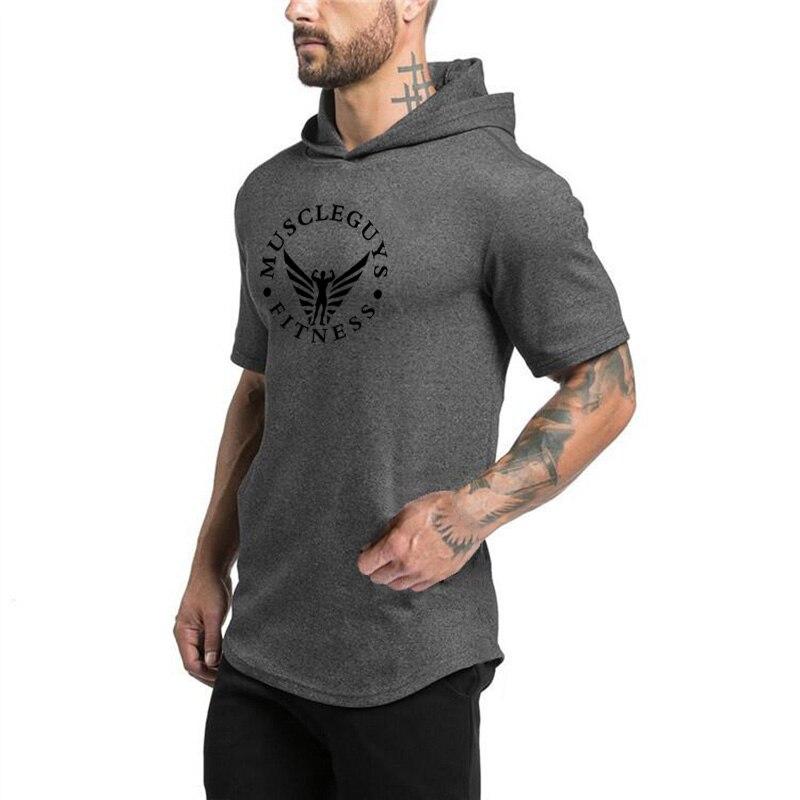 Muscleguys Sports Hooded T-Shirt Summer New Men's Short-sleeved T-shirt Cotton Trend Bodybuilding Fitness Hooded Half-sleeve Sweater