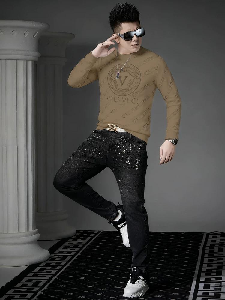 European Trendy Brand Rhinestone Sweater Men's Round Neck Knitwear 2025 Autumn and Winter New Style Warm and Stylish Design Sweater