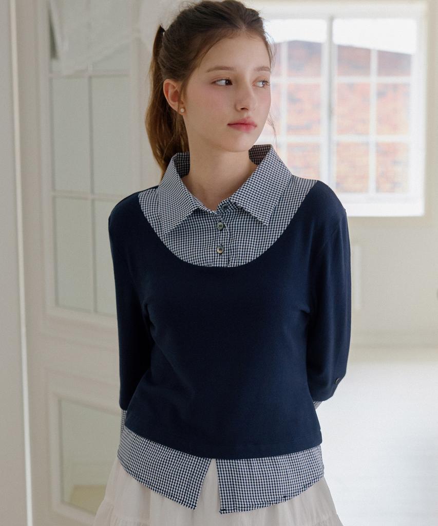 LETTER FROM MOON Chase Layered Collar Top (Navy)
