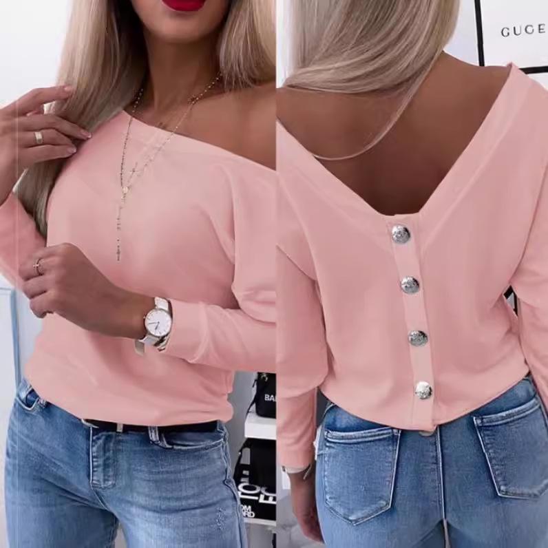 Herbst Damen Rückenfreies Langarm-Top mit Rückenknopf