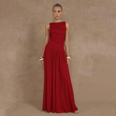 European and American Fashion Sexy Sleeveless Pleated Slim Fit Long Dress Solid Color Dress