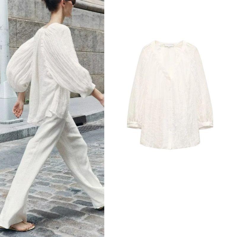 Spring New French Lazy Style Temperament V-neck Long Sleeve Ruched Linen Blended Fluffy Shirt 8224051