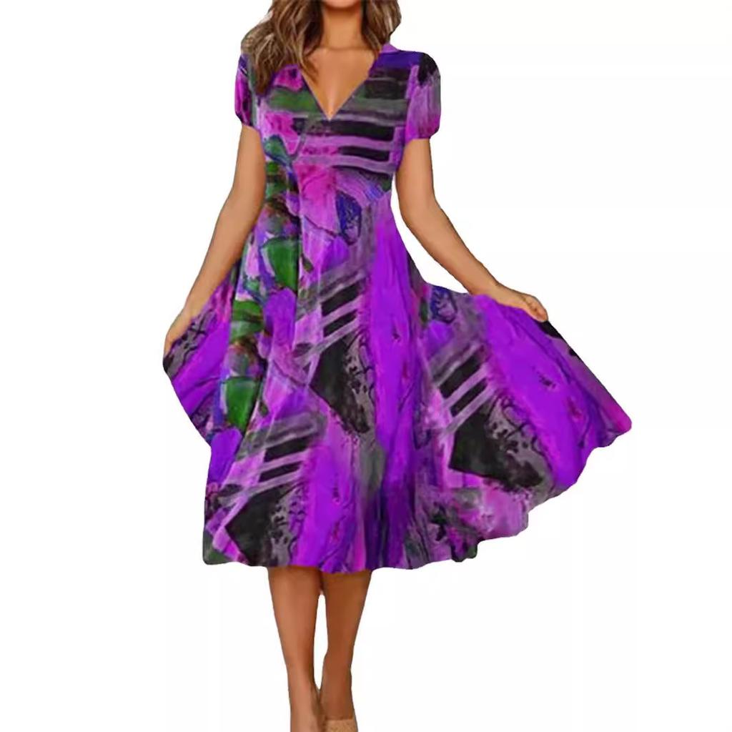 Long dress casual V-neck pendulum bohemian short-sleeved dress