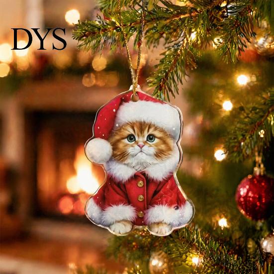 Festive Party Supplies Cute Cat Christmas Ornaments, 2D Wooden Cartoon Tree Xmas Gift for Friends Hanging Decorations Winter Holiday Home Decor