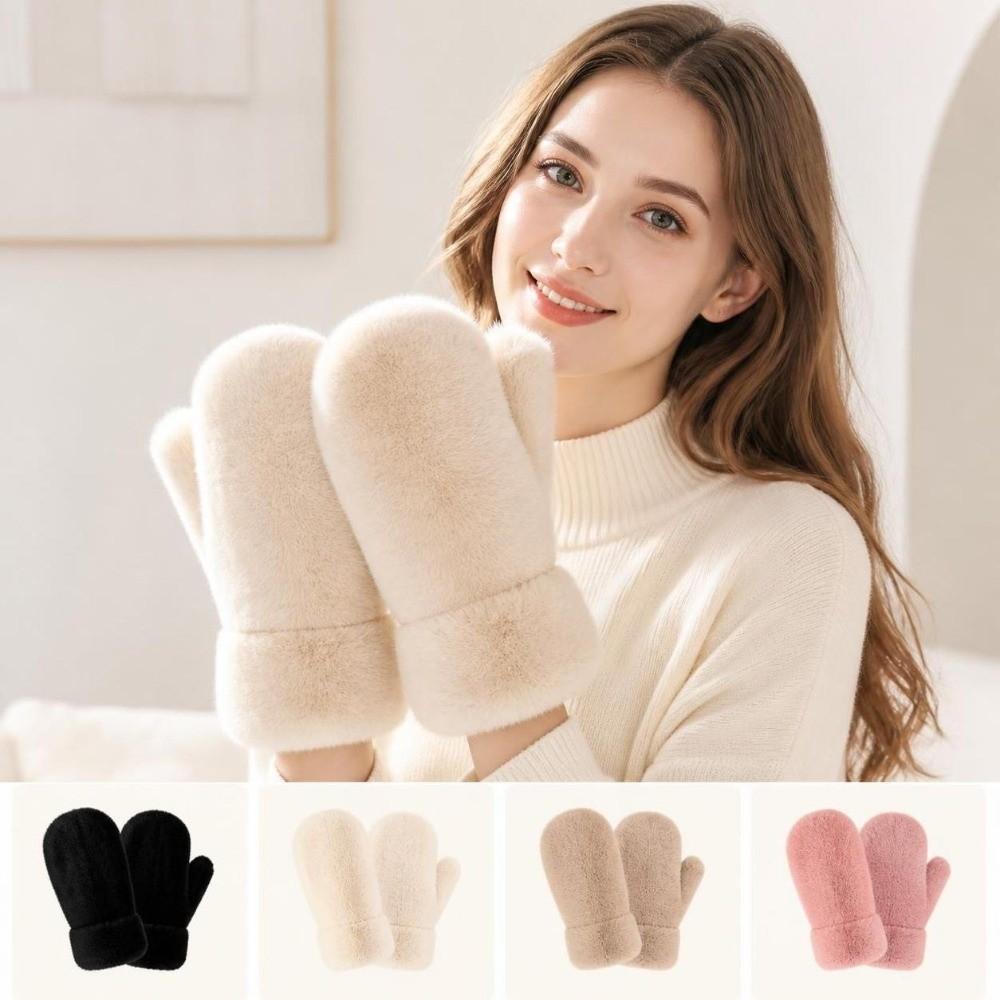 1pair Windproof Imitation Rabbit Fur Gloves Thickened Winter Mittens Simple Plush Gloves Women