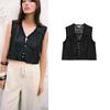 Summer New Product Women's Clothes V Neck Single Row Multi-Buckle Vertical Lace and Embroider Decorative Sleeveless Shirt 3017905