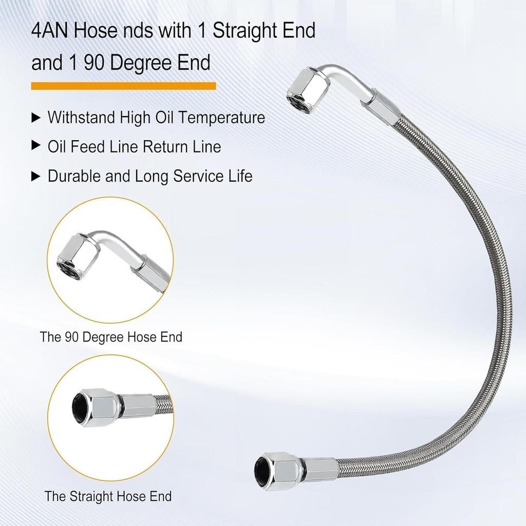 551871 4AN Turbo Oil Feed Line 12" Length Stainless Steel Braided AN4 90 Degree End Straight Hose End 4AN Pressure Stainless Remote Turbocharger Oil