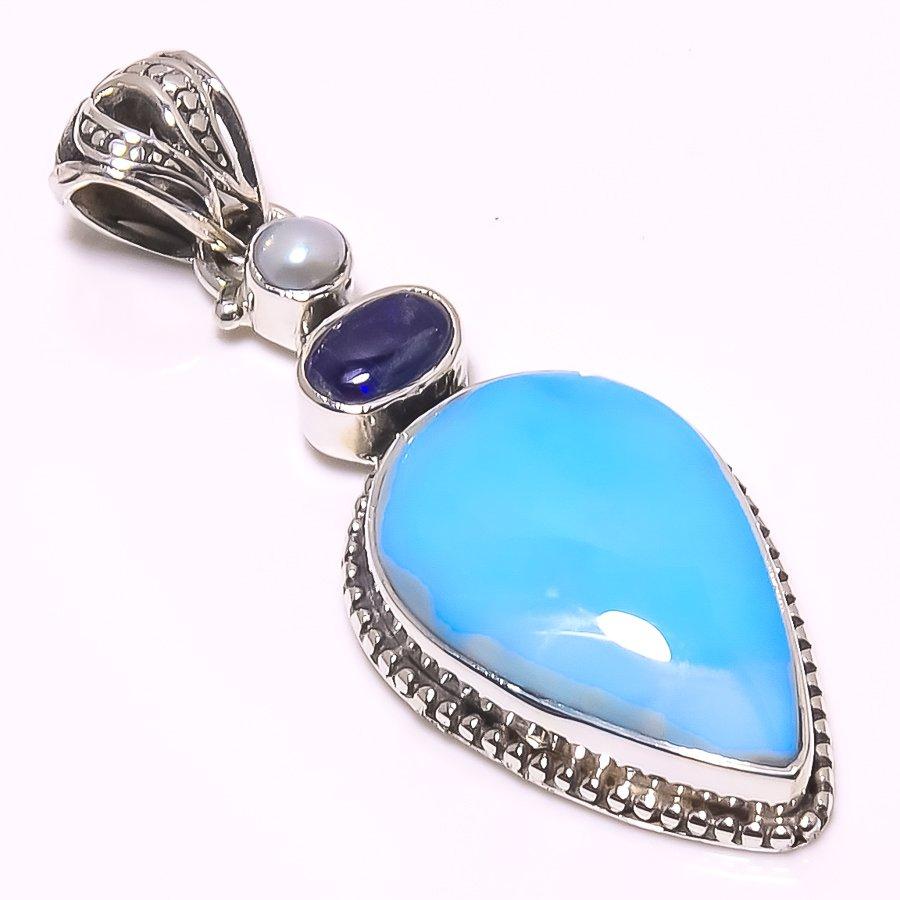 Natural Republic Larimar, Kyanite 925 Solid Sterling Silver Pendant 1.89" t4U72