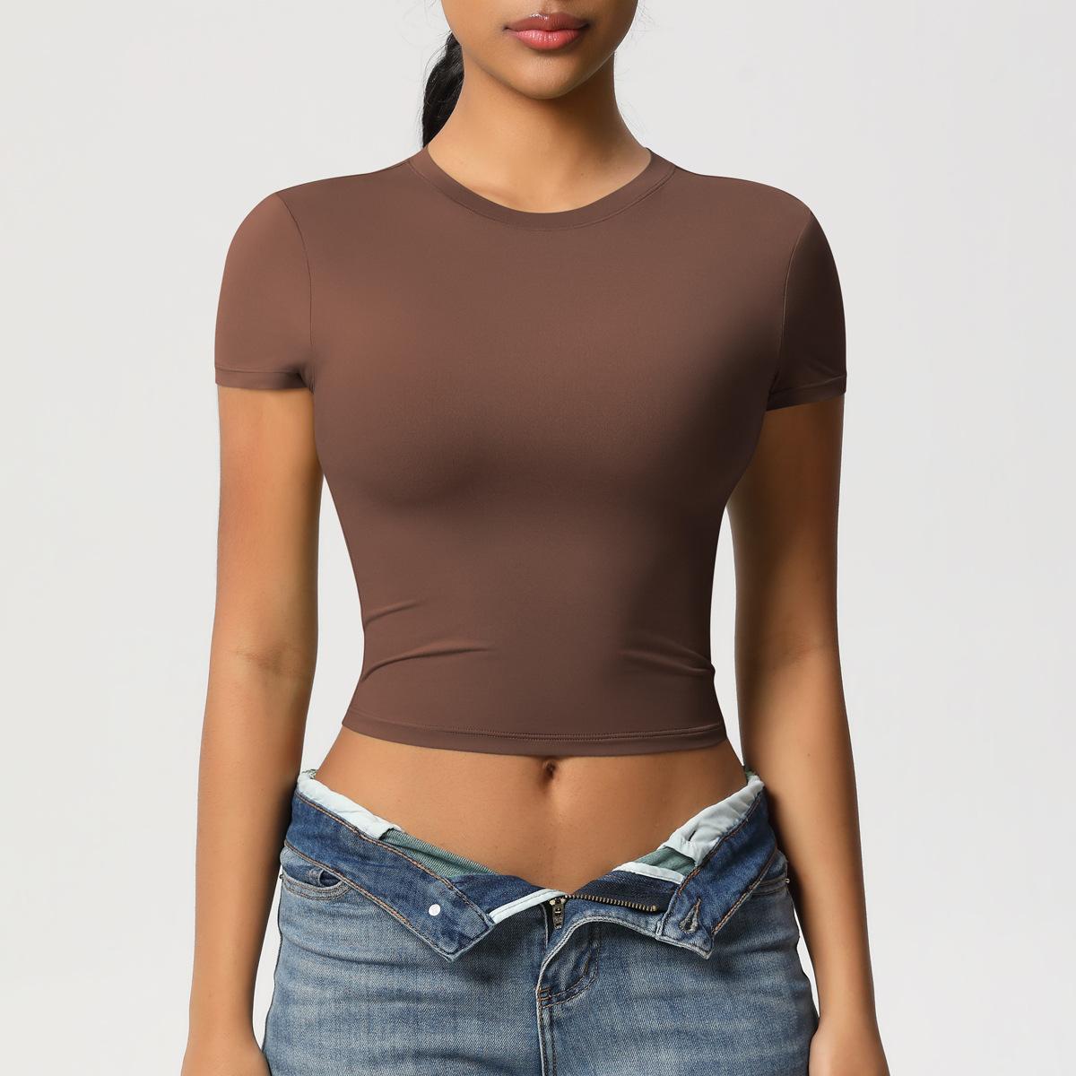 

Двусторонний нейлоновый повседневный облегающий быстросохнущий топ для пилатеса, костюм для йоги, футболка с коротким рукавом для бега и фитнеса S кофейный