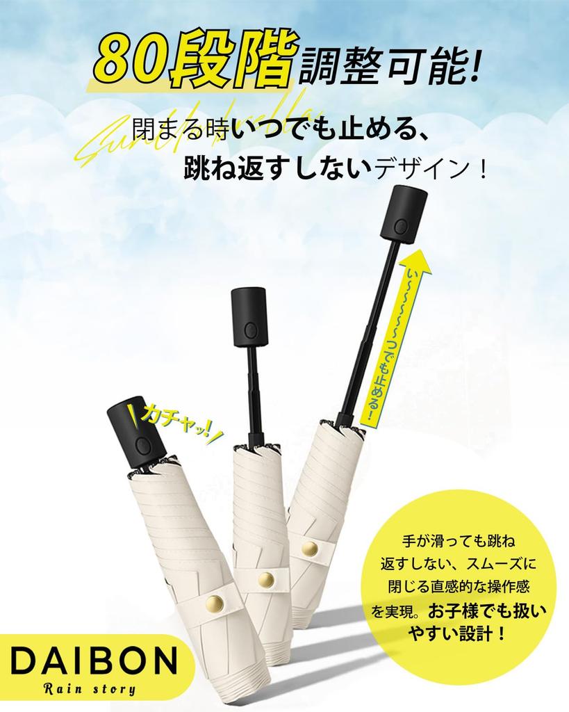 DAIBON Folding Parasol with Innovative UV Complete Light Heat Automatic Compact Suitable for Sun and and Black Step-Close Technology, 103% Protection,