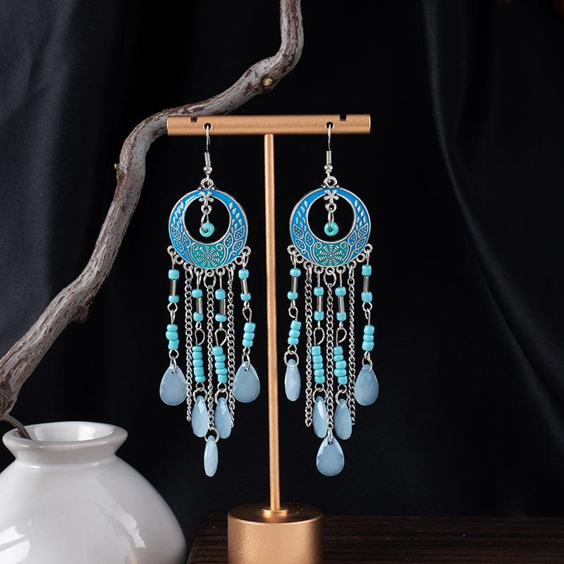 Bohemian Ethnic Style Earrings For Women'S High-End Super Fairy Long Earrings, Water Drop Beaded Fringed Earrings, Ear Jewelry.