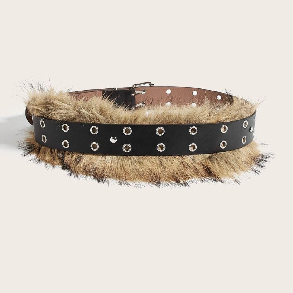 Vintage Trendy Design Faux Fur Belts Y2K All-match Rivet Buttonhole Belt Punk Waist Belts Women Fashion