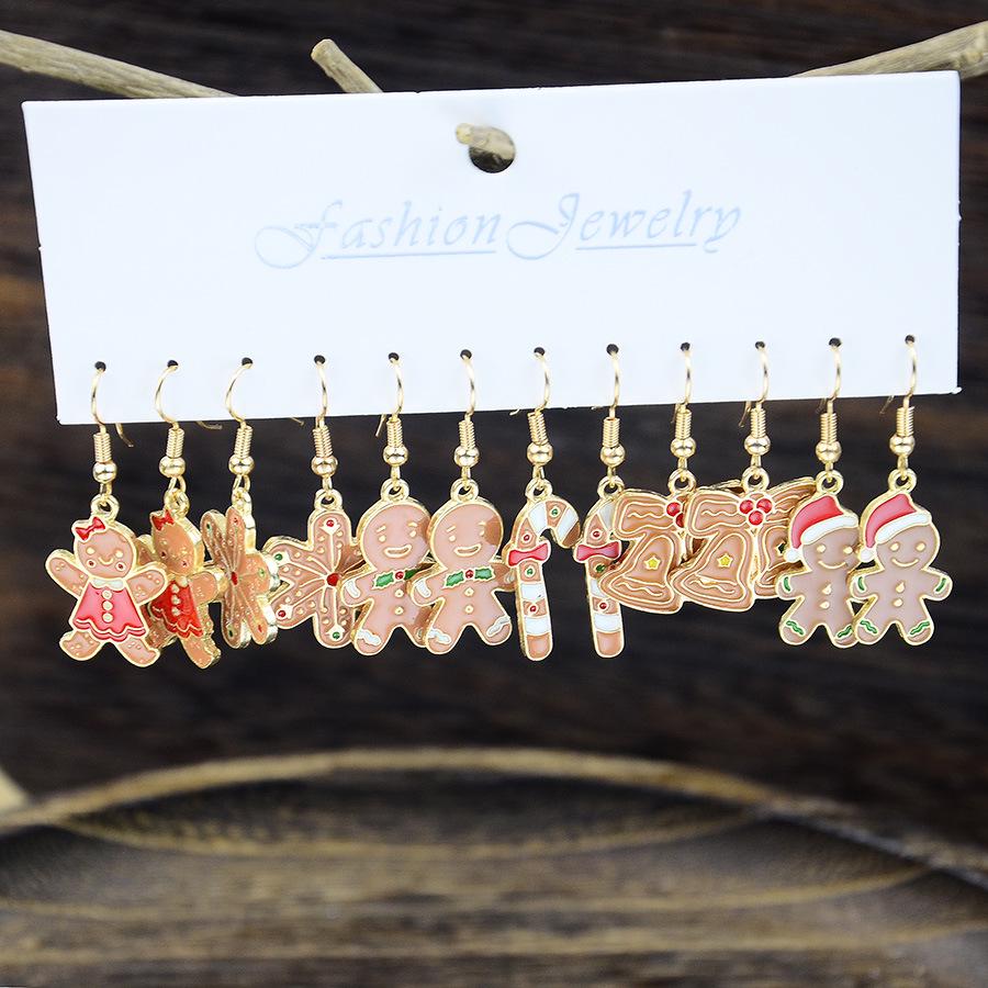 

Cross-border Christmas Zinc Alloy Gingerbread Man & Snowman Earrings with Bell & Snowflake Cartoon Accessories