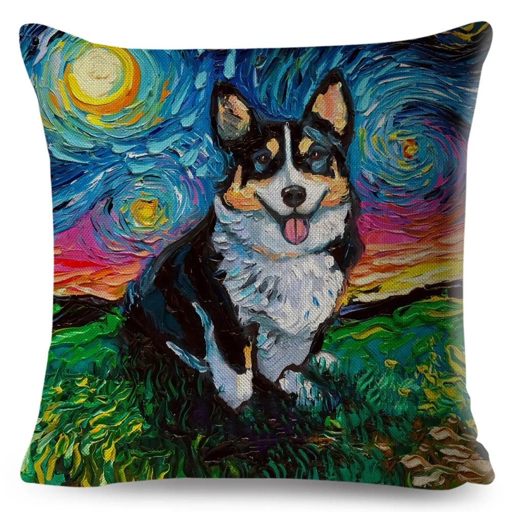 Both Sided Starry Sky Dog Cushion Cover Decor Oil Painting Cartoon Pet Animal Pillow Case for Sofa Home  Linen Pillowcase
