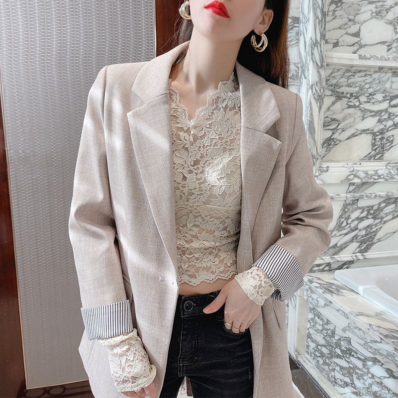 V-neck Lace Undershirt Women's Long Sleeved Low Neck Chiffon Jacket Black Short Mesh Top