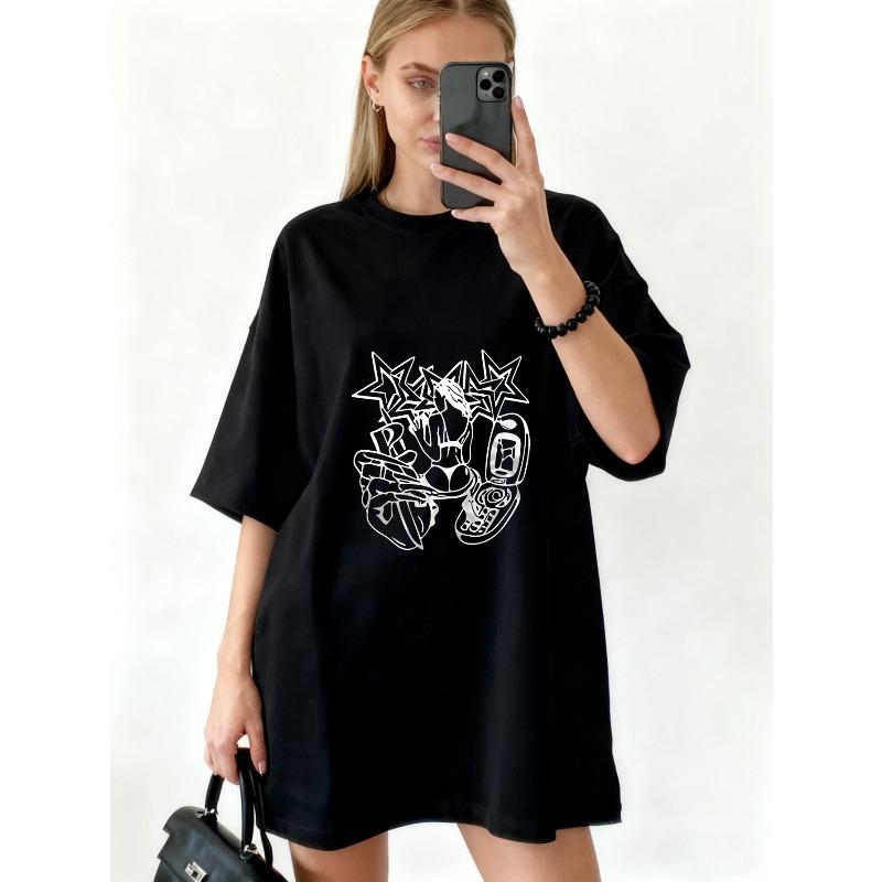 Oversized T Shirt Black Star And Game Controller Print Casual Streetwear For Women