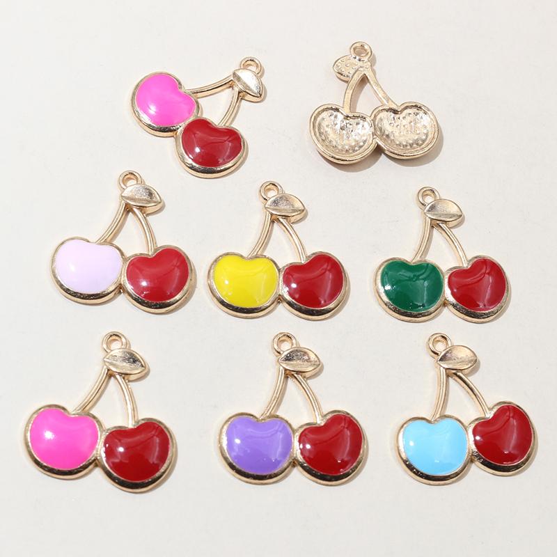 20pcs 22x20mm Enamel Cherries Charms Pendant Fruit Cherry Alloy Craft DIY Jewelry Making Accessories for Earrings Necklace