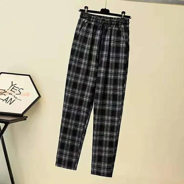 

Женские зимние плюшевые повседневные брюки в клетку с высокой талией, свободные теплые длинные шаровары большого размера XXXXL чёрный