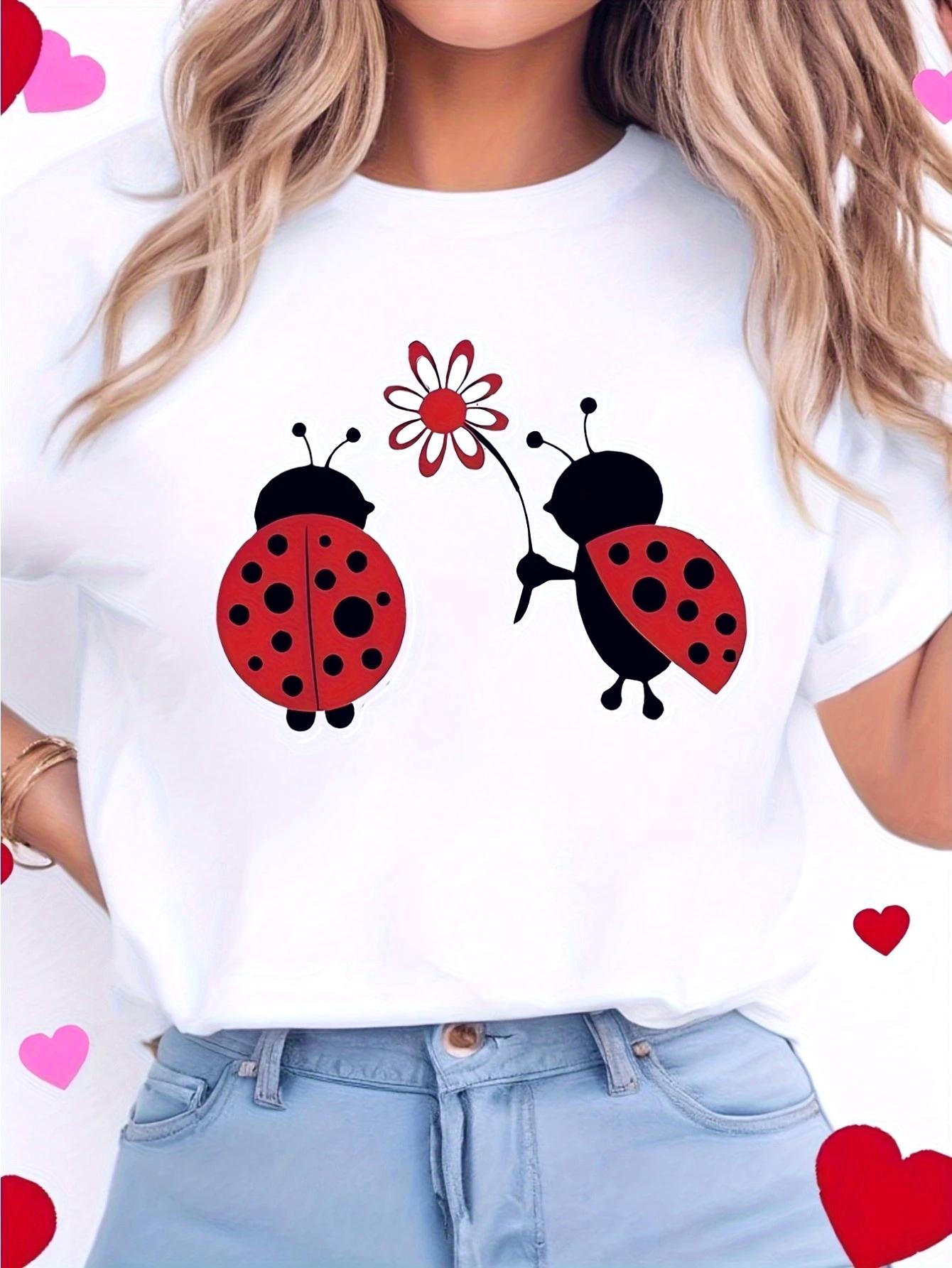 Cute Seven Star Ladybug Pattern Printed Summer Casual Women s Summer Short Sleeve Round Neck T-shirt Daily Tops Women s Clothing S