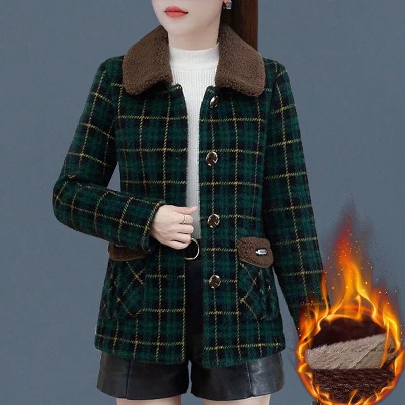 Women's Winter Plaid Woolen Coat With Fleece Lining Casual Lapel Button Jacket