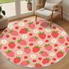 Kawaii Style Round Area Rug Red Strawberry Flower Circular Carpet Cute Fruits Decor Mat for Living Room Bedroom Washable Rug