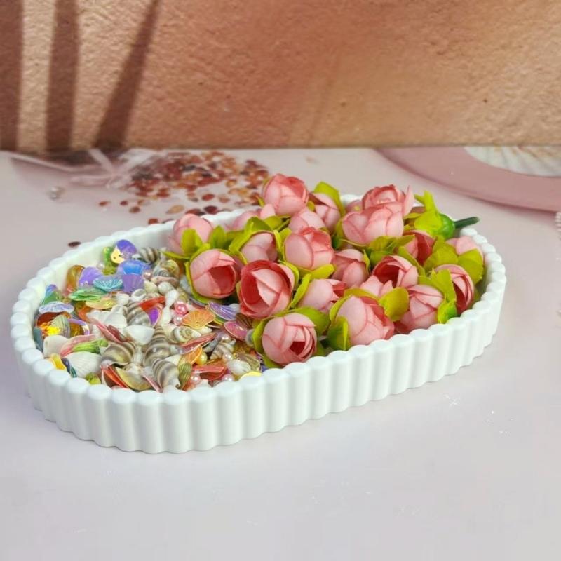 Oval Shape Storage Tray Silicone Mold with Flower Pattern Handmade Concrete Tray Casting Mould For Desktop  Shelf Decors
