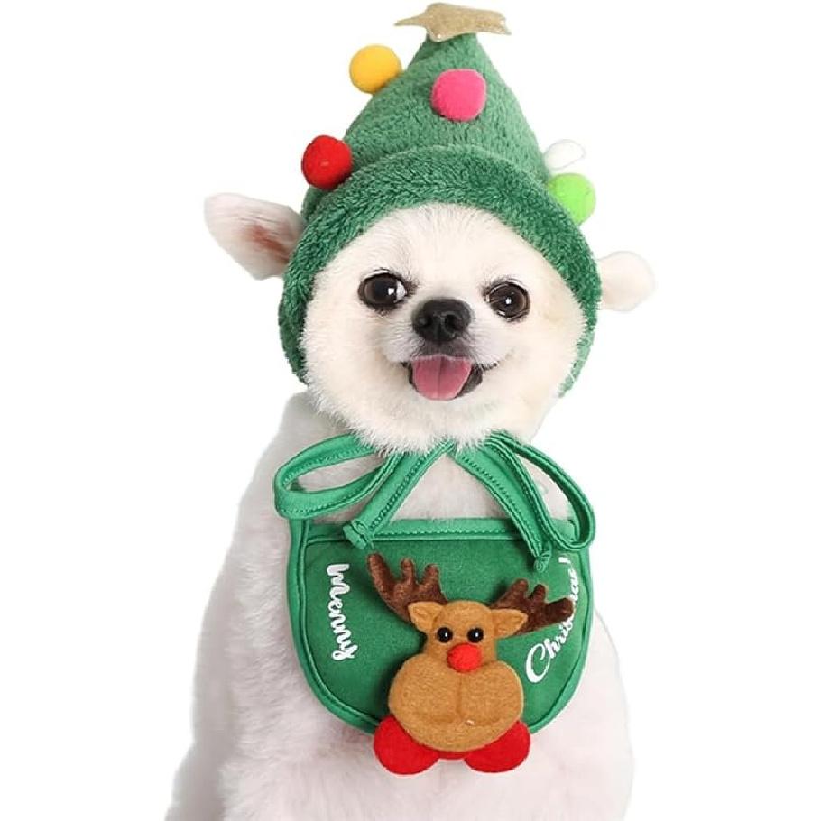 Adorable Christmas Tree Pom-Pom Hat, Adjustable Santa Reindeer Christmas Tree Headwear for Pets with Star and Pompoms