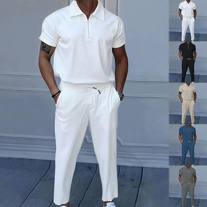 Completo estivo da uomo tinta unita con risvolto, manica corta, cerniera, pantaloni