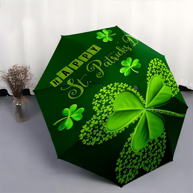 Clover, St. Patrick's Day Themed Automatic Opening and Closing Umbrella, Portable Tri fold Small Umbrella for Men and Women,Gift0725054z