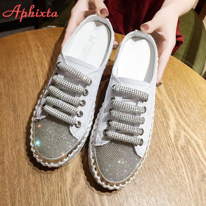Aphixta ;uxury New Flat Platform Half Slippers Women Summer Couple Bling Mules Crystals Lace-up Shoes Slides Plus Size 42 43