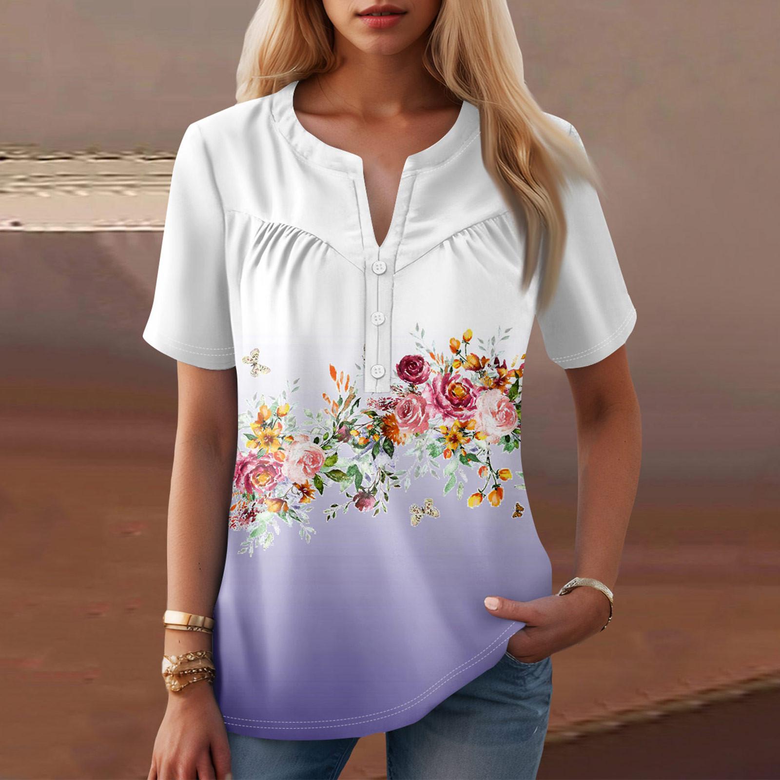 

Женская повседневная футболка с v-образным вырезом и коротким рукавом с цветочным принтом и декоративными пуговицами, топ S