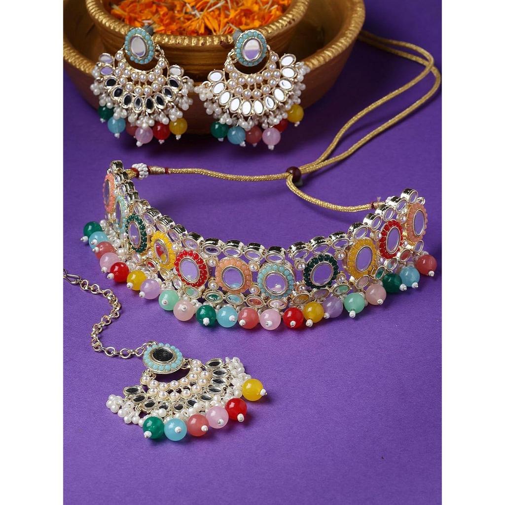Classy Choker Necklace Earring Jewellery Set with Maangtikka Jewellery Set for Women
