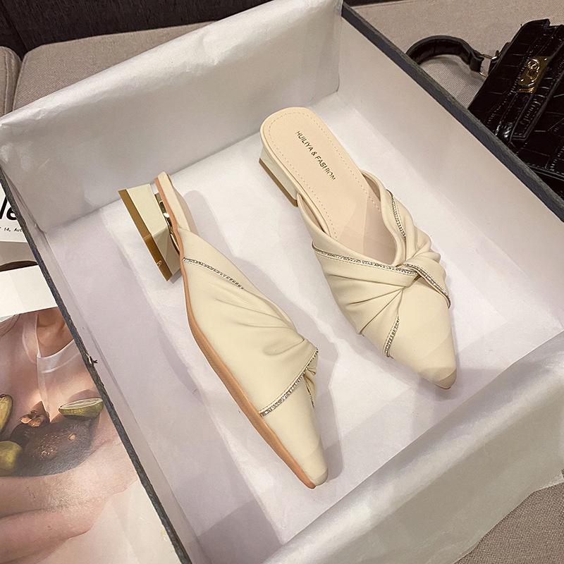 Cool Slippers Women's Spring and Summer Medium Heel Thick Heel Bag Head Single Shoes Pointed Half Slippers Women's Outer Shoes 6011-3 Comfortable