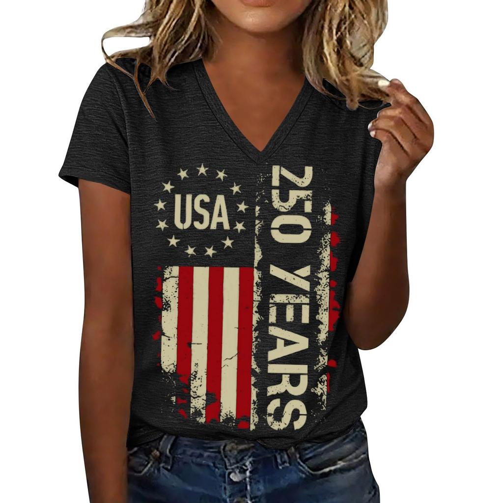 Womens Spring Tops V Neck 250 Years USA Print Summer Shirts for Women Casual Lightweight Womens Summer Shirts Comfortable Fit