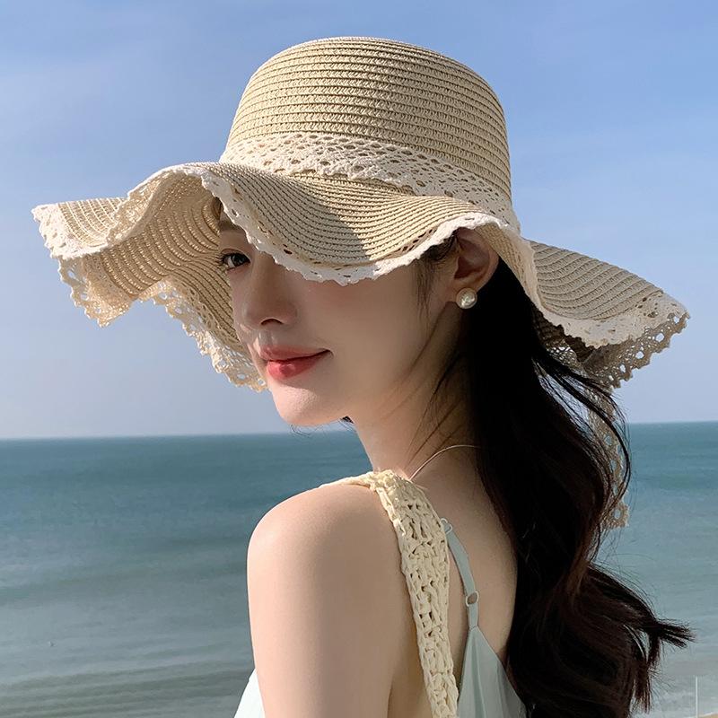 Summer Straw Hat Women's New Wave Lace Sunshade Hat Beach Vacation Travel Face Covering Sun Hat