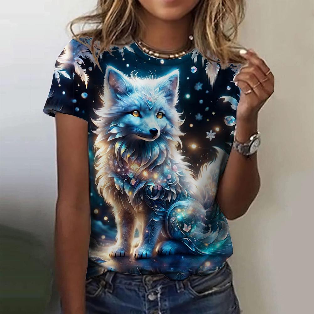 3D Printed Fox Pattern Women's T-shirt Summer Casual Round Neck Top Short Sleeve Loose T-shirt Daily Outing Short Sleeve