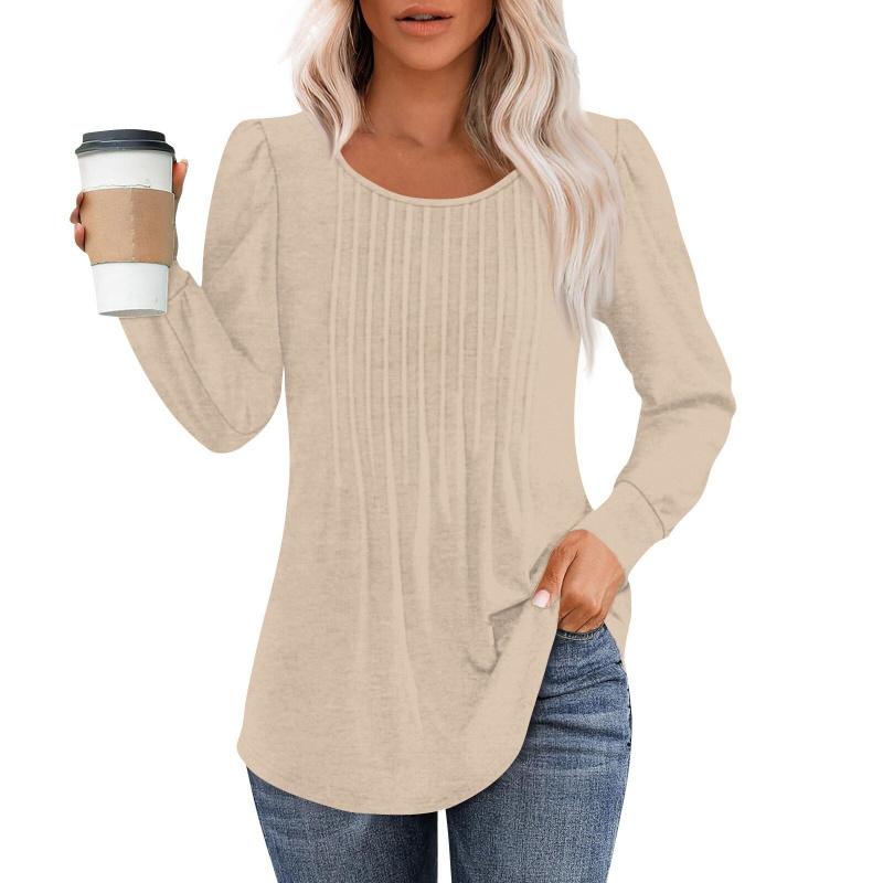 

Autumn New Women s Long Sleeve Shirt Fashion Casual Ruched Low Round Neck Women s Clothing 3XL