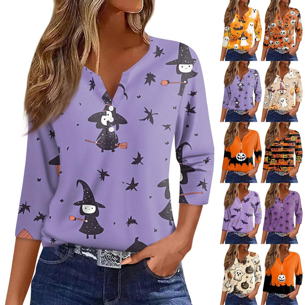 Damen T-Shirt Tee Halloween Bedruckt Knopf 3/4 Ärmel Tunika Täglich Wochenende Mode Basic V-Ausschnitt Reguläres Oberteil